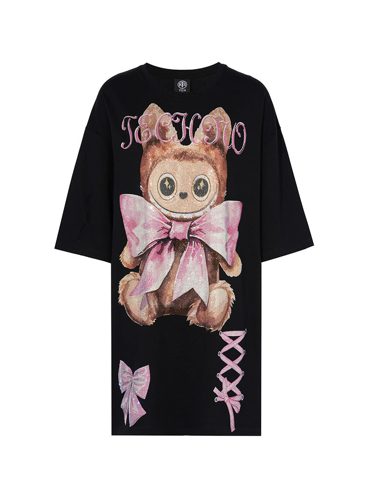 TCH LABUBU Rhinestone Bow Oversized T-shirt