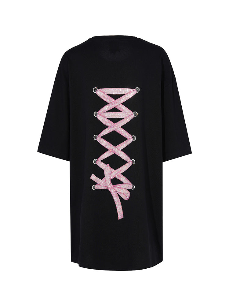 TCH LABUBU Rhinestone Bow Oversized T-shirt