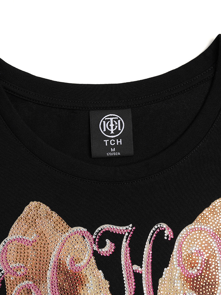 TCH LABUBU Rhinestone Bow Oversized T-shirt