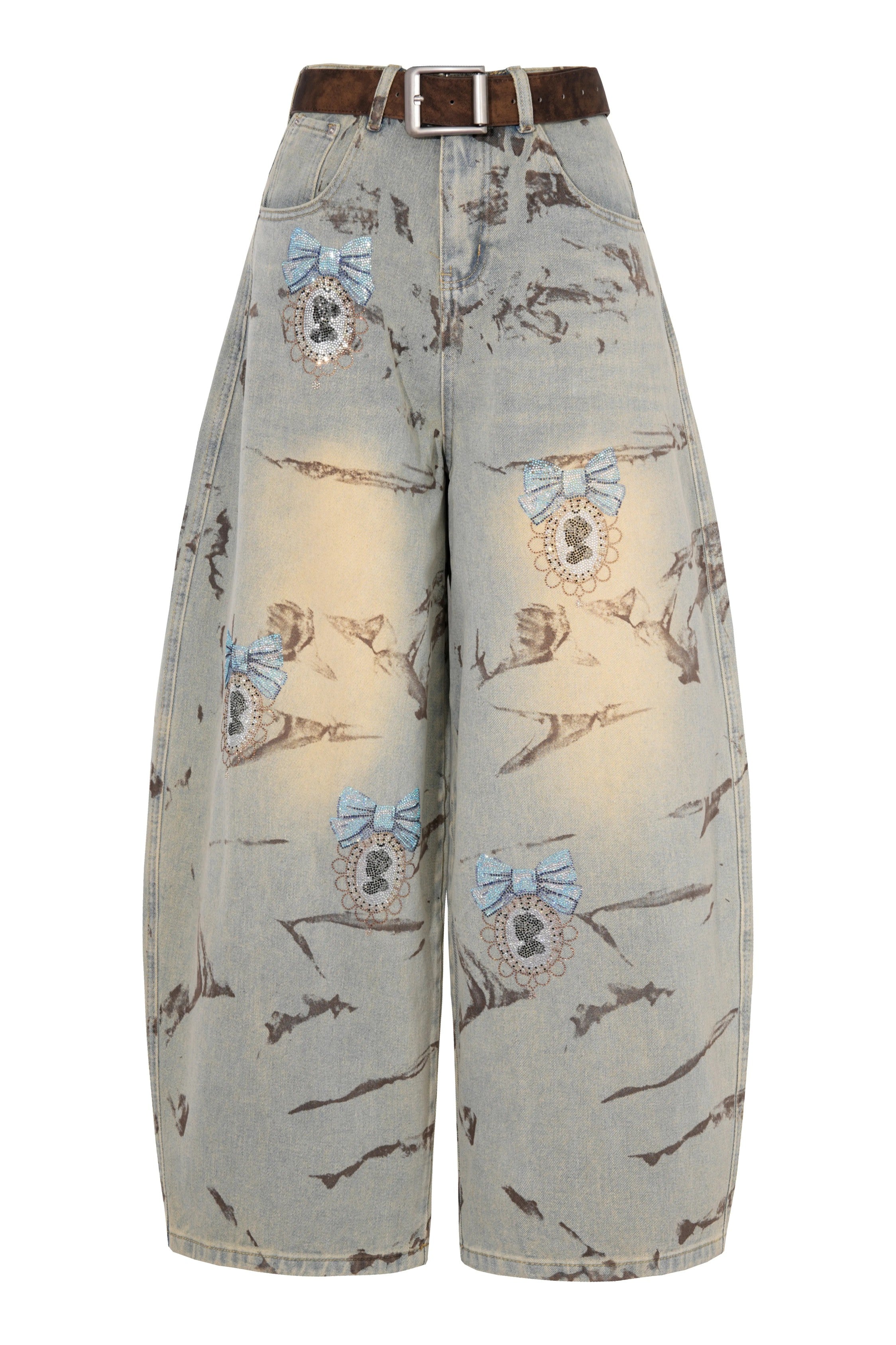 TCH Marble Mirage Rhinestone Mirror Wide-Leg Jeans - M - US