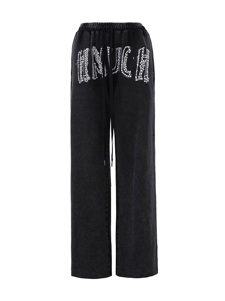 TCH Letter Print Rhinestone Distressed Wide Leg Pants