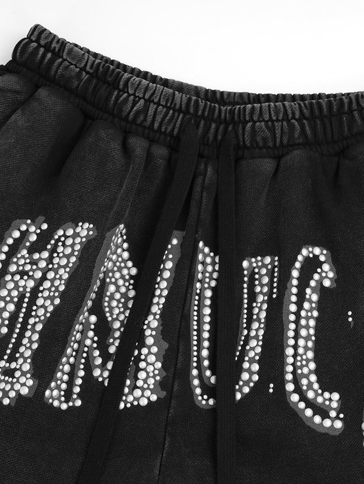 TCH Letter Print Rhinestone Distressed Wide Leg Pants