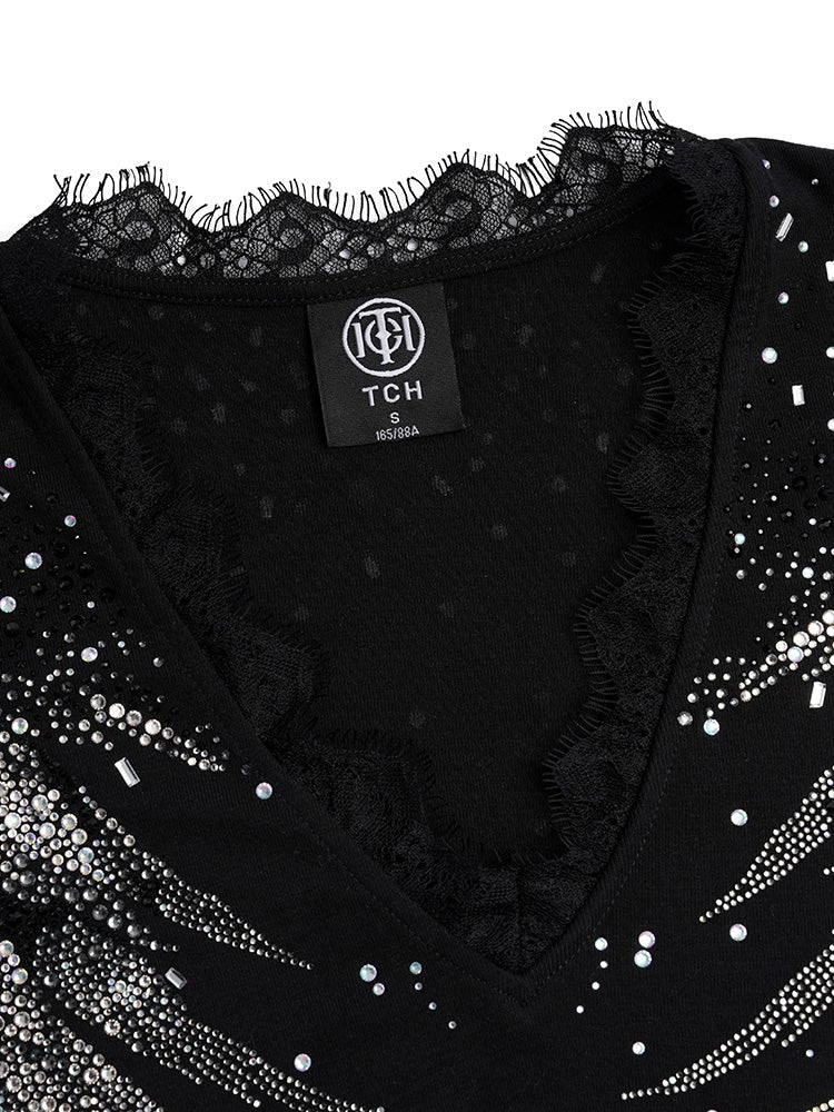 TCH Prasale Crystal-Embroidered Lace Contrast Sexy Tee