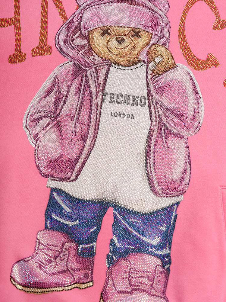 TCH Rhinestone Cool Bear Print Oversized Hoodies