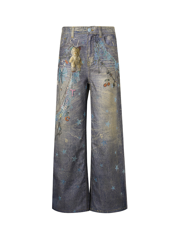 TCH Star Graphic Rhinestone Cotton Jeans