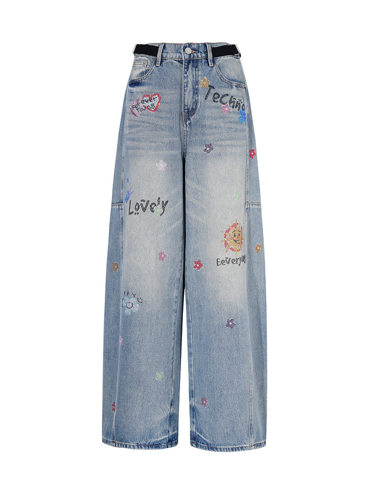 TCH Cute Graphic Rhinestone Wide Leg Jeans