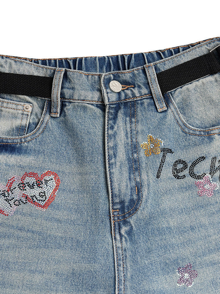 TCH Cute Graphic Rhinestone Wide Leg Jeans