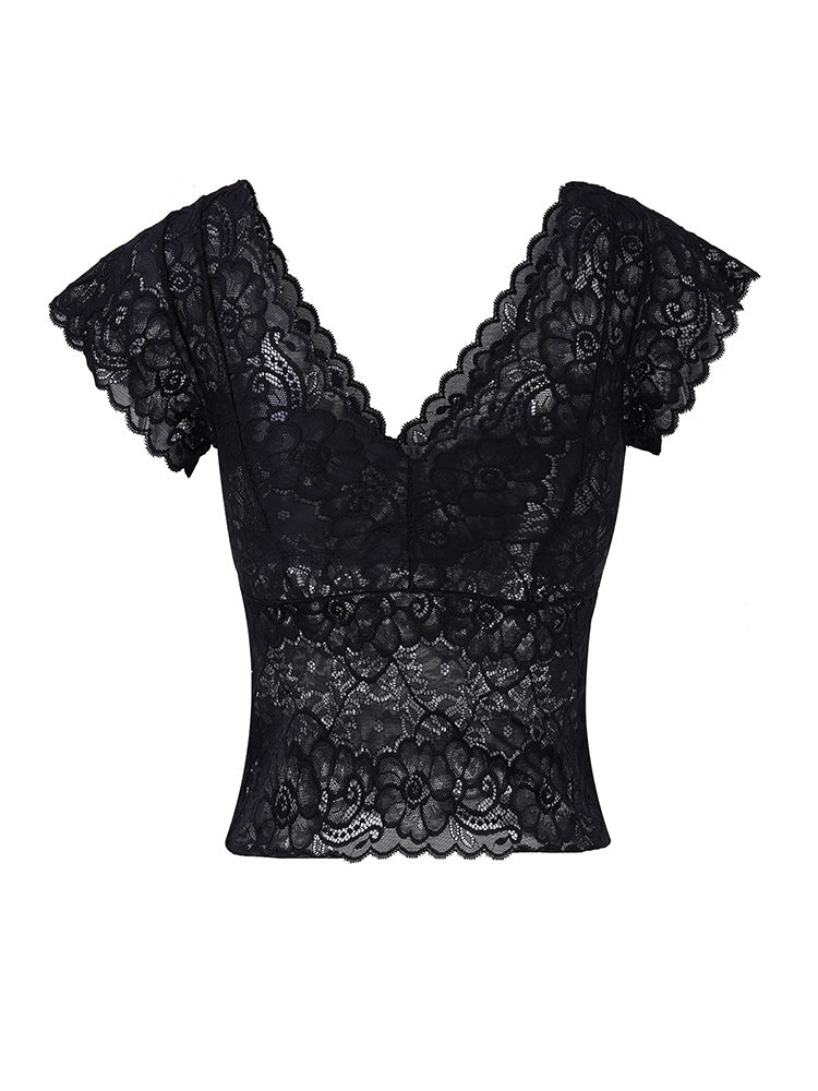 TCH Rhinestone Bow Floral Lace Sexy Blouse with Padded