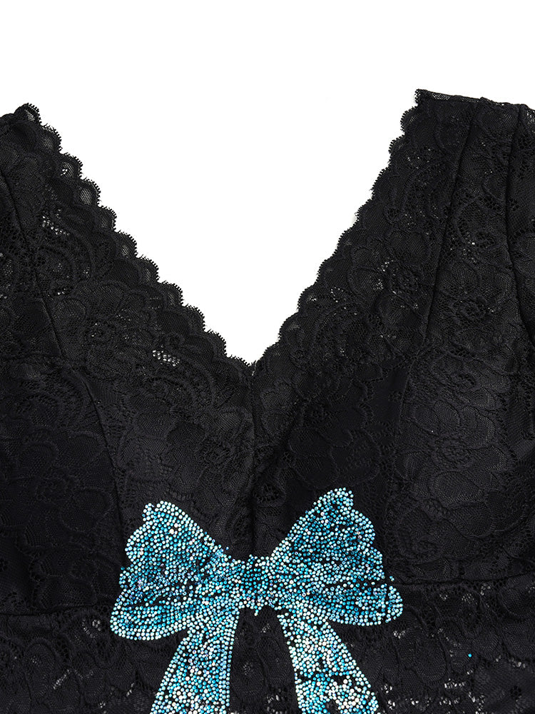 TCH Rhinestone Bow Floral Lace Sexy Top