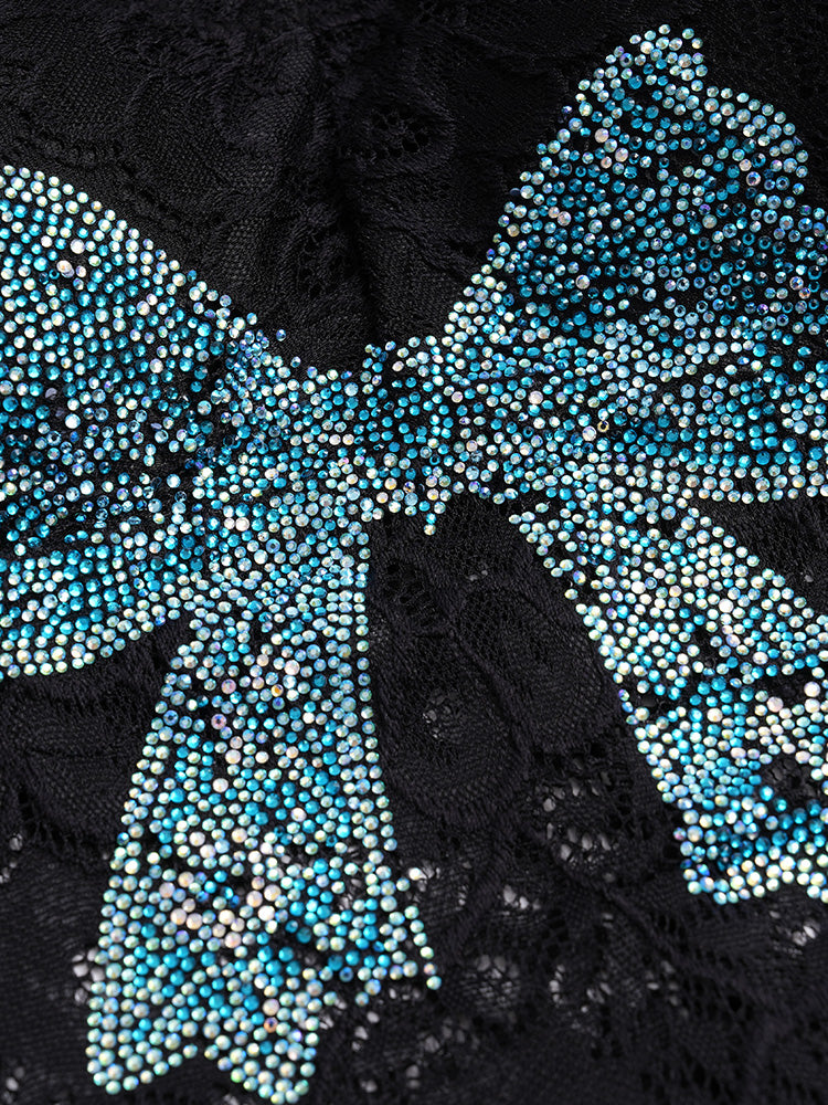 TCH Rhinestone Bow Floral Lace Sexy Top