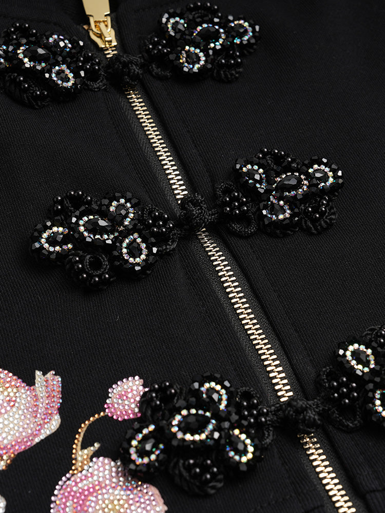 TCH Luxury Dragon Rhinestone Sparkle Sweatshirt with Floral Sleeve