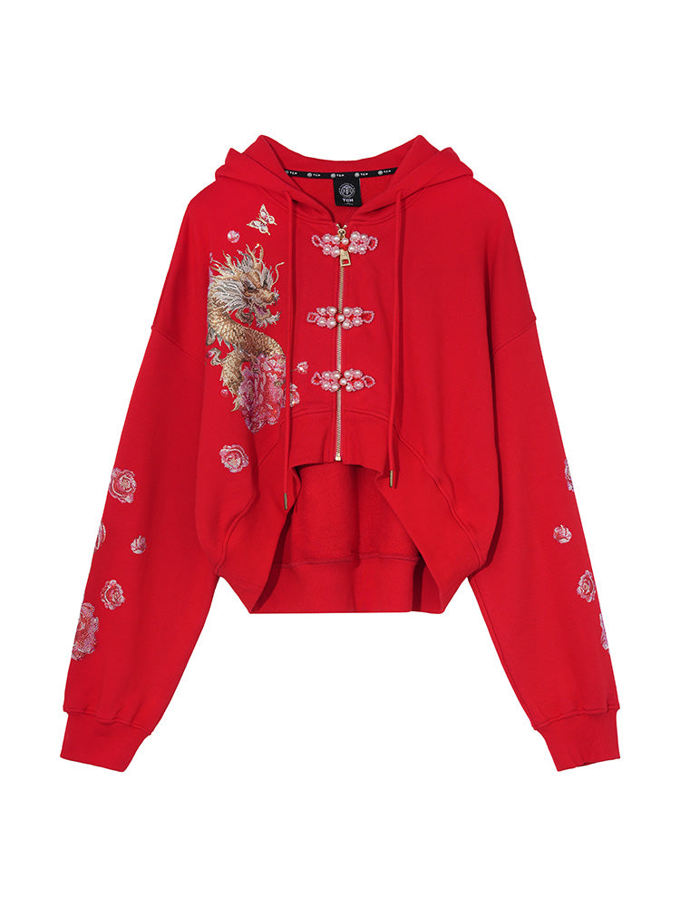 TCH Luxury Dragon Rhinestone Sparkle Sweatshirt with Floral Sleeve