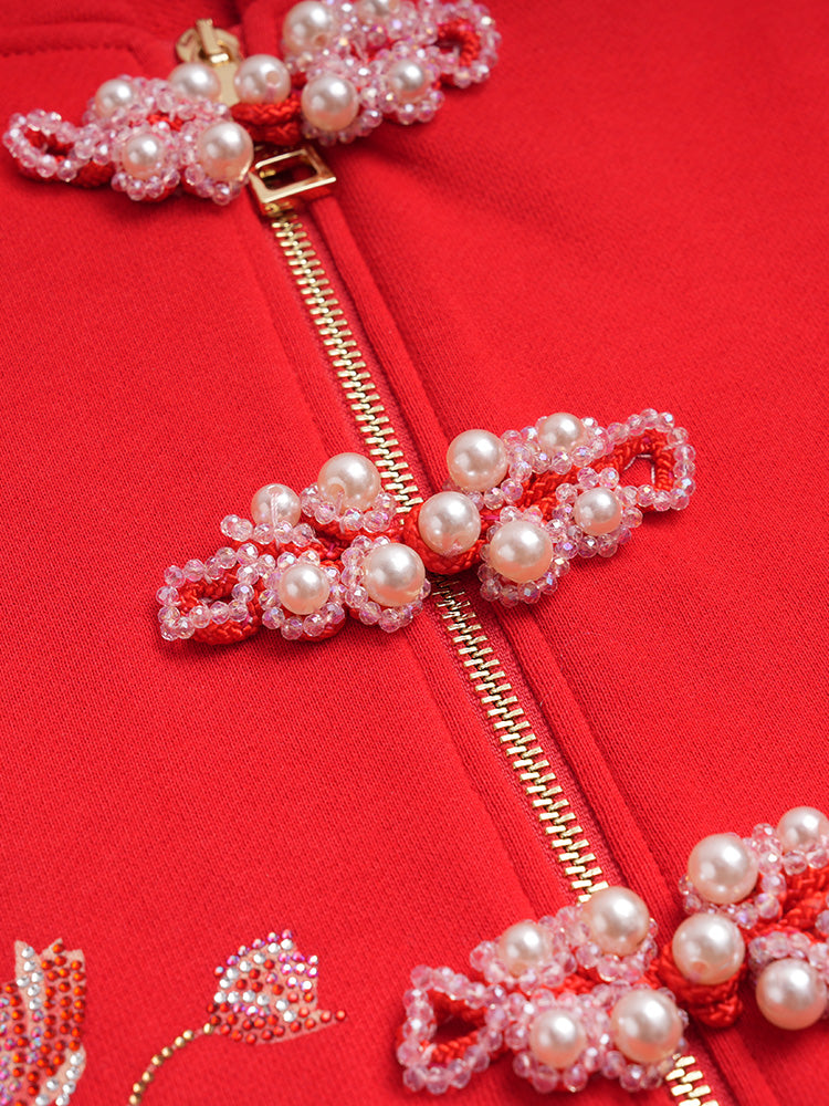 TCH Luxury Dragon Rhinestone Sparkle Sweatshirt with Floral Sleeve