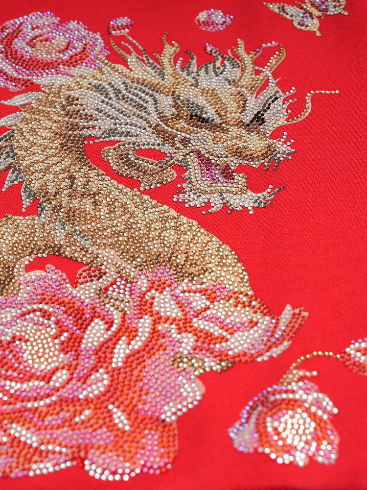 TCH Luxury Dragon Rhinestone Sparkle Sweatshirt with Floral Sleeve