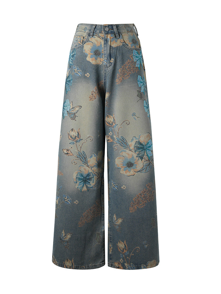 TCH Floral Graphic Rhinestone Wide Leg Jeans