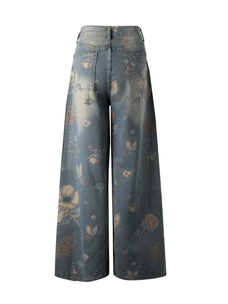 TCH Floral Graphic Rhinestone Wide Leg Jeans