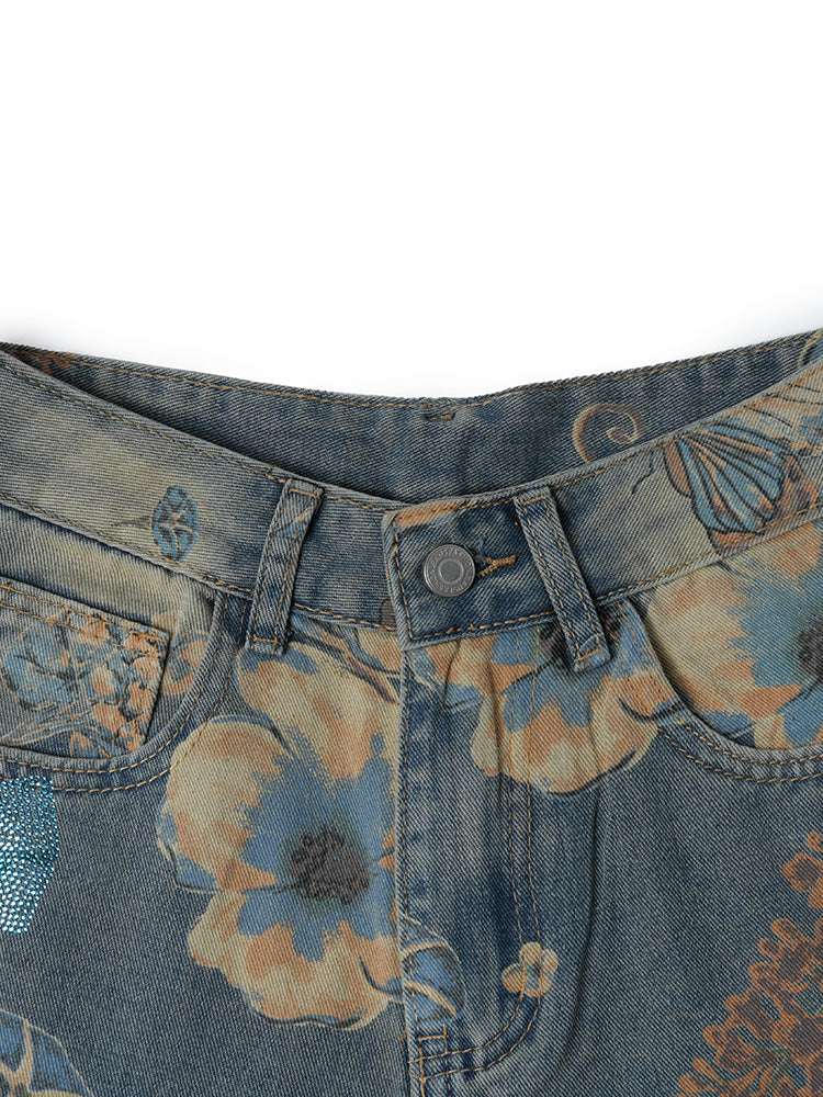 TCH Floral Graphic Rhinestone Wide Leg Jeans
