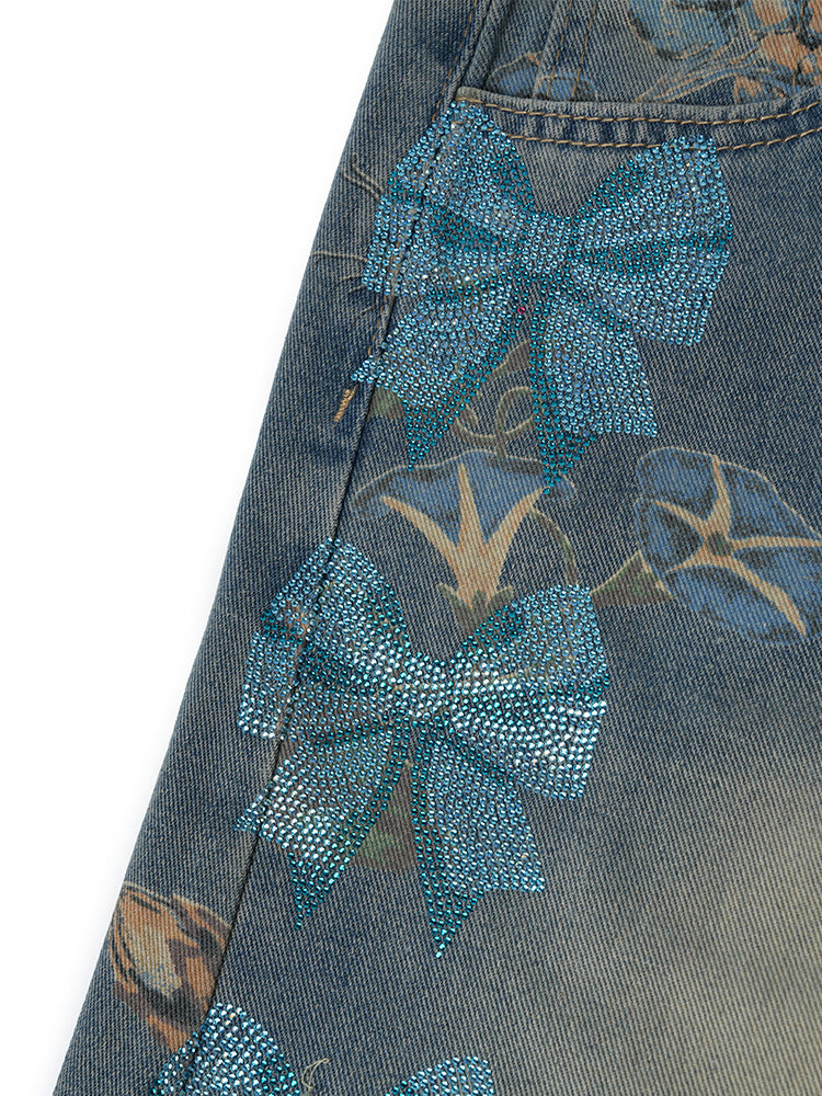 TCH Floral Graphic Rhinestone Wide Leg Jeans