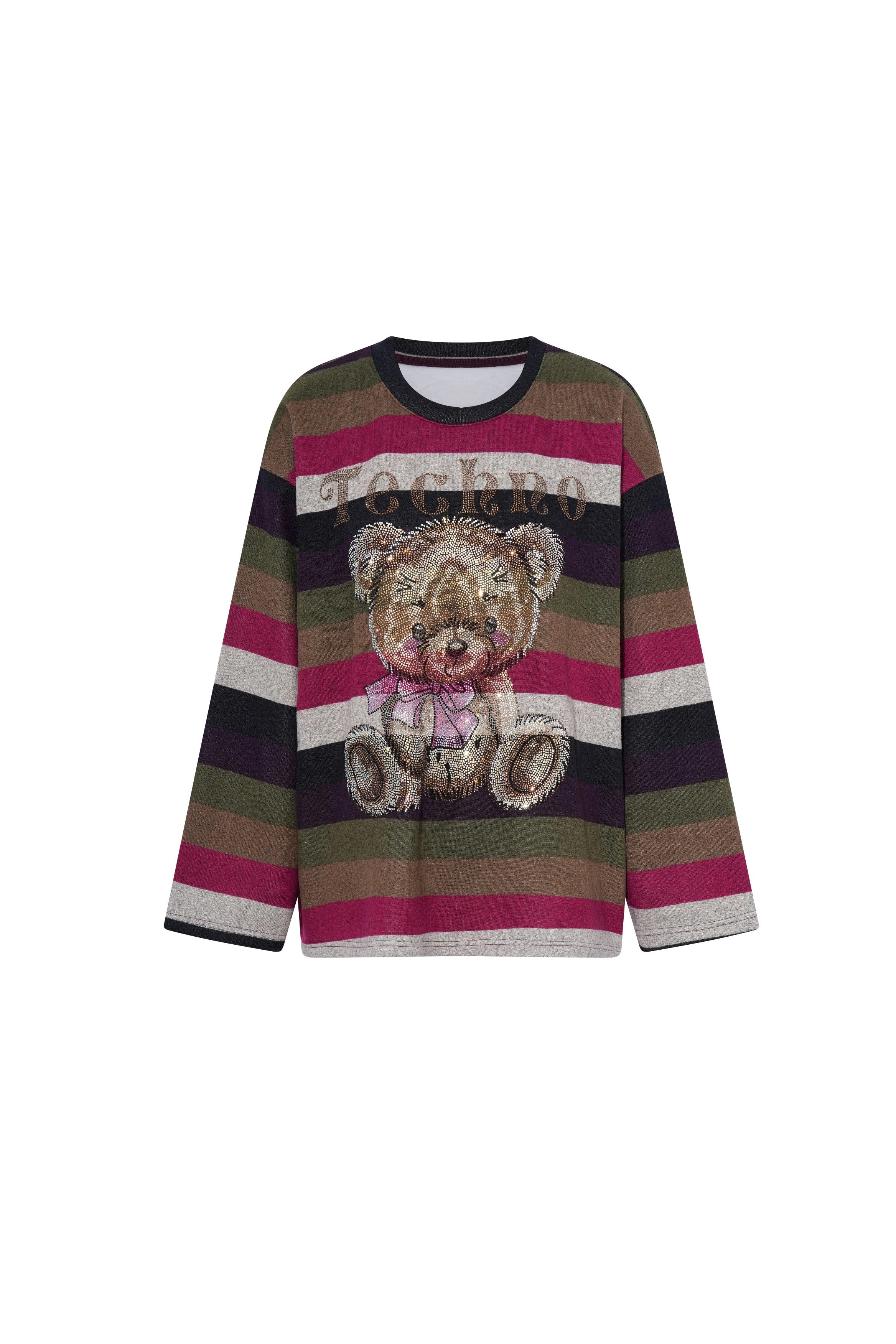 TCH Rhinestone Teddy Bear Striped Sweatshirt