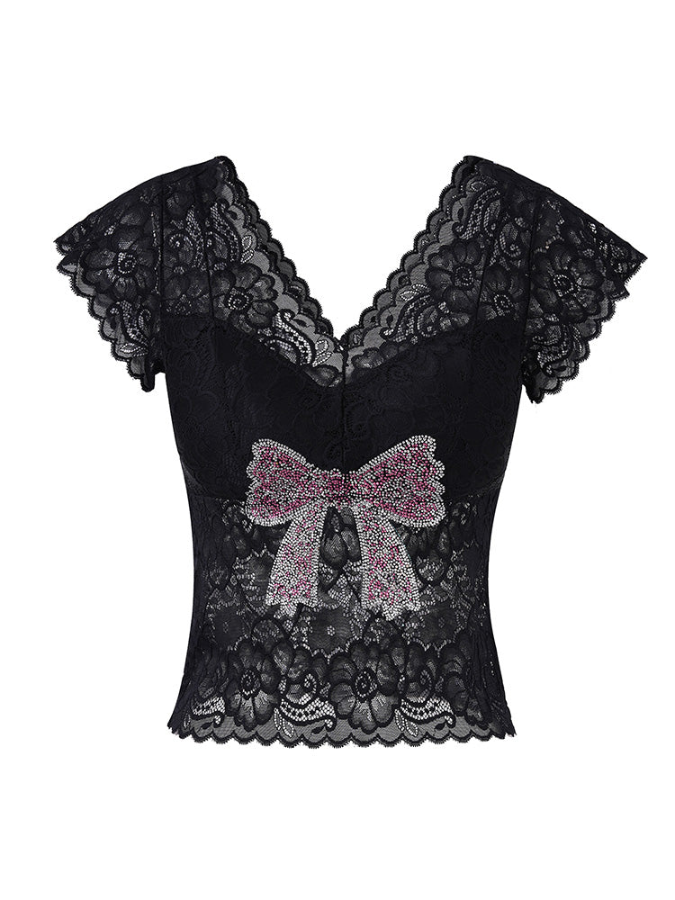 TCH Rhinestone Bow Floral Lace Sexy Blouse with Padded