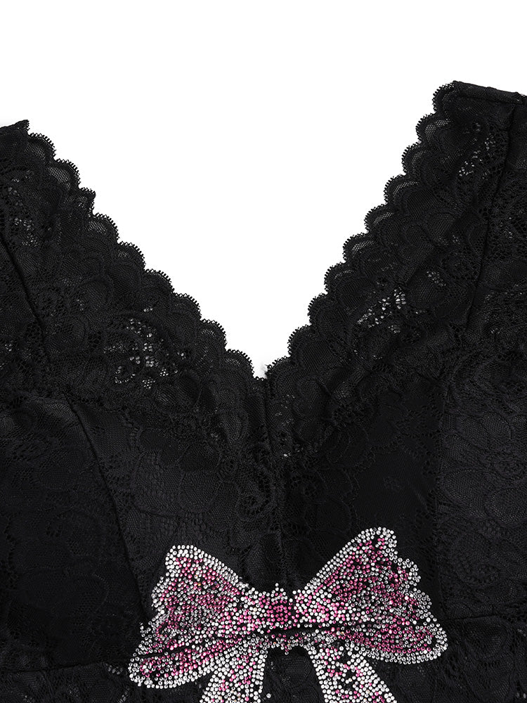 TCH Rhinestone Bow Floral Lace Sexy Blouse with Padded