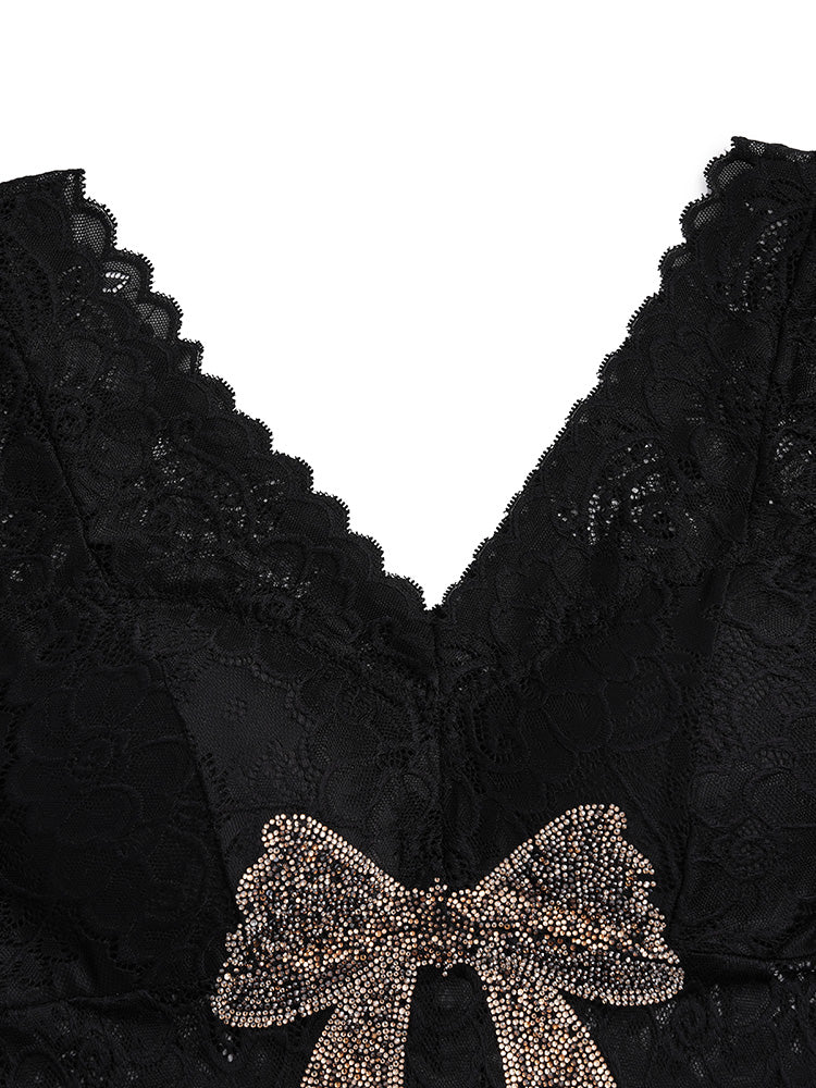 TCH Rhinestone Bow Floral Lace Slim Top