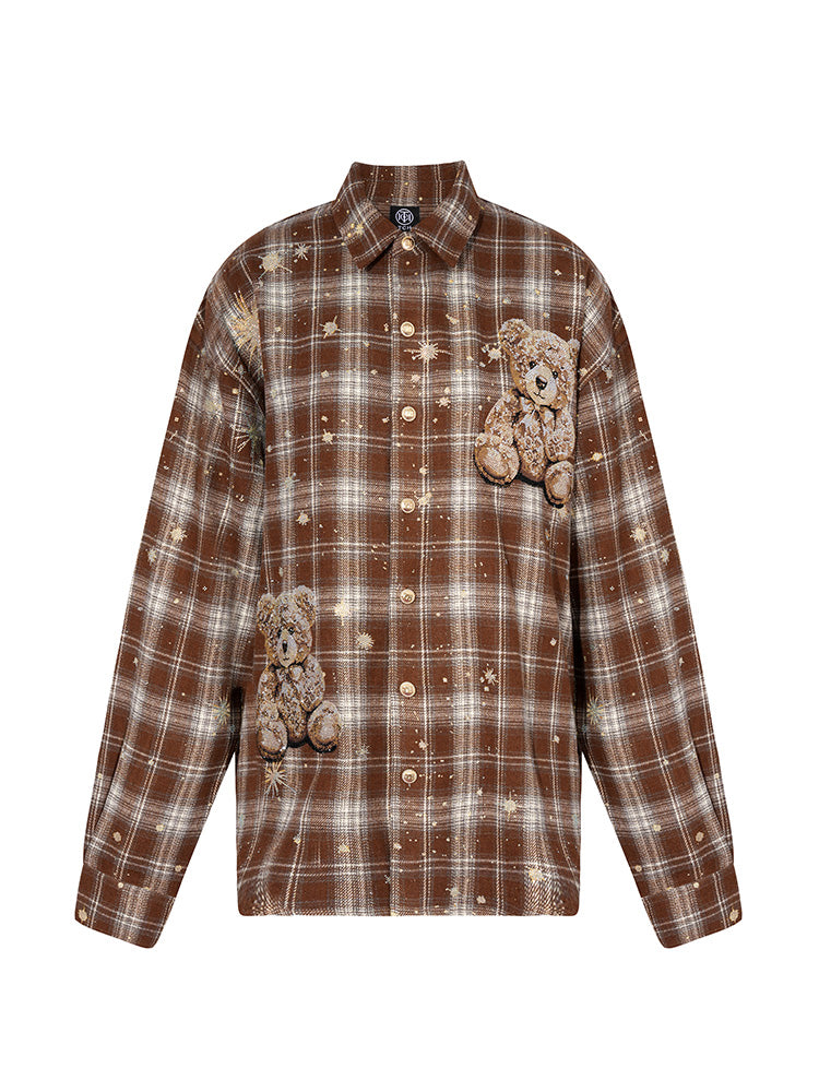 TCH Plaid Teddy Bear Rhinestone Star Overzied Shirt