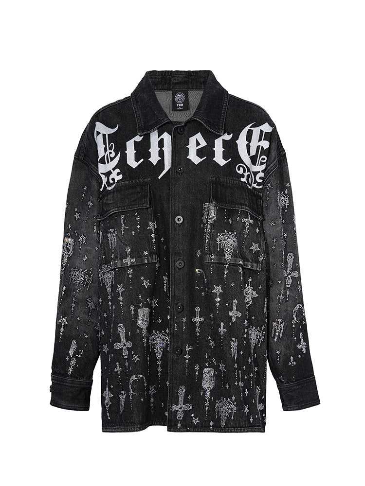 TCH Rhinestones Graphic Shiny Denim Jacket