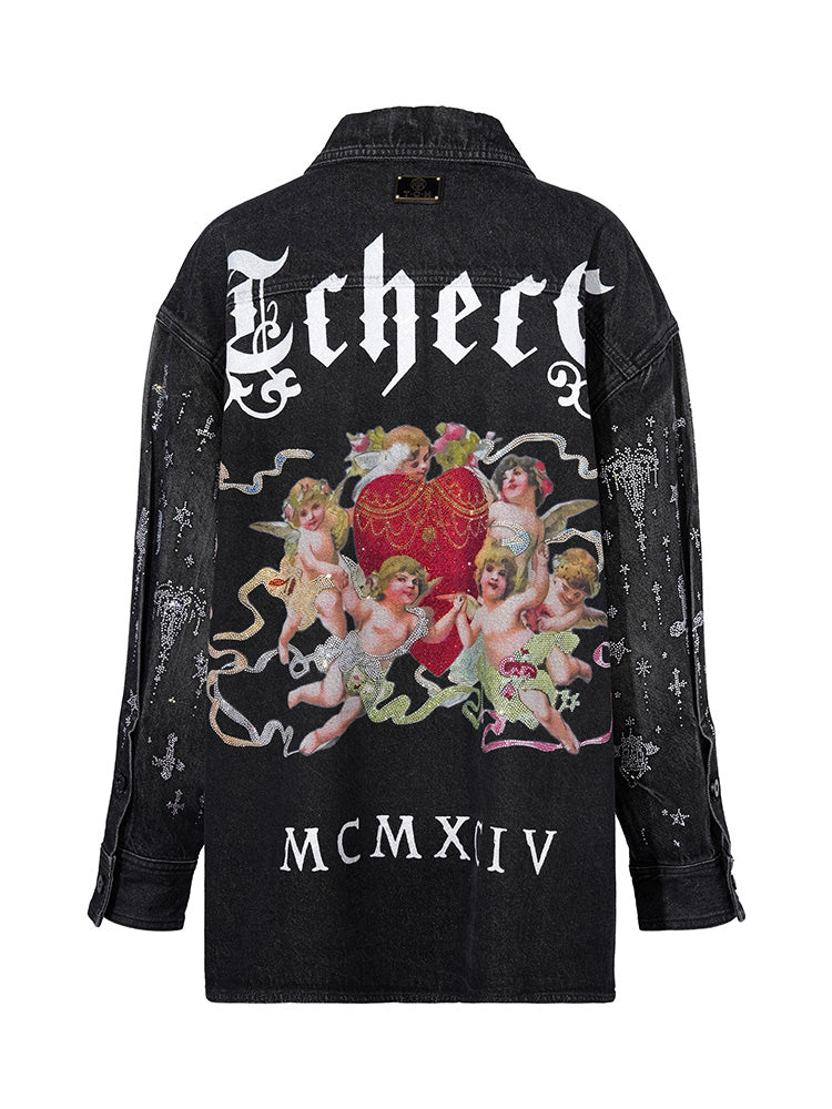 TCH Rhinestones Graphic Shiny Denim Jacket