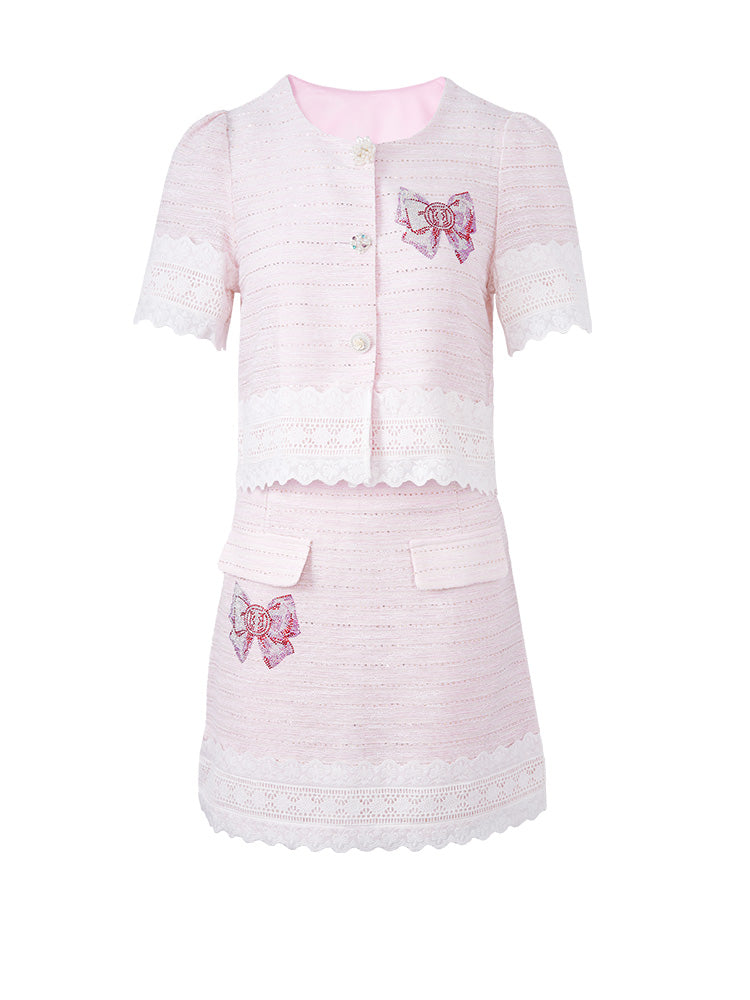 TCH Bow Crystal Lace Luxury 2 Piece Outfits and Mini Skirt Sets