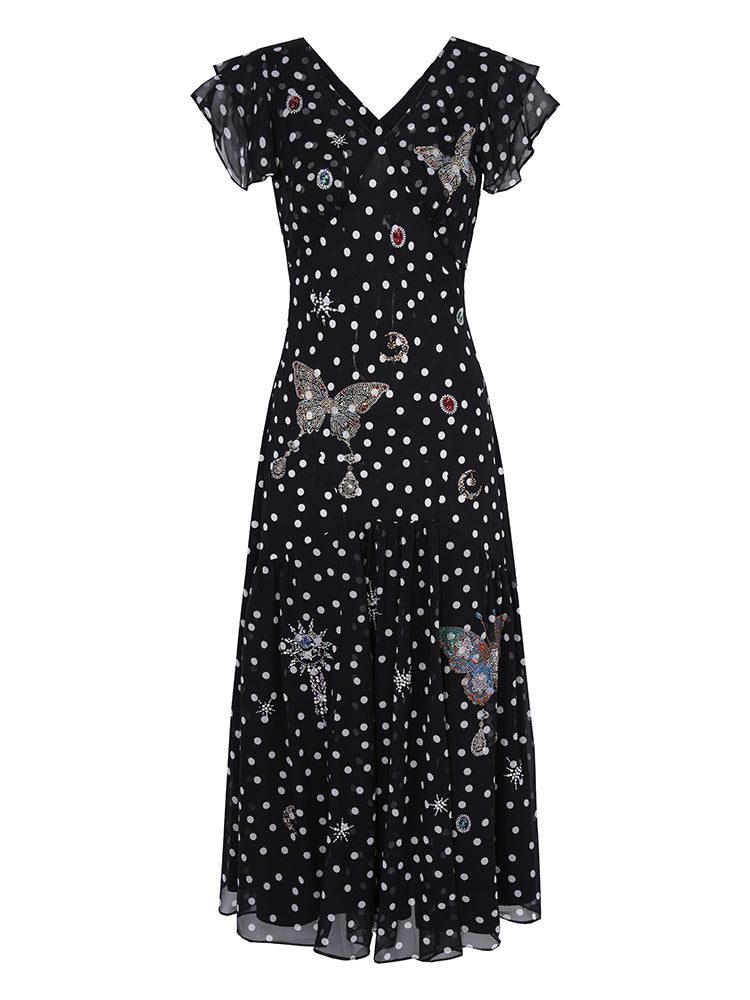 TCH Rhinestone Butterfly Polka Dot Ruffled Midi Dress