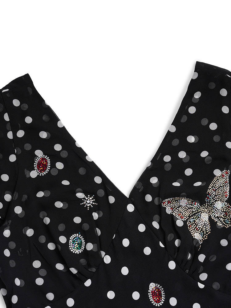 TCH Rhinestone Butterfly Polka Dot Ruffled Midi Dress