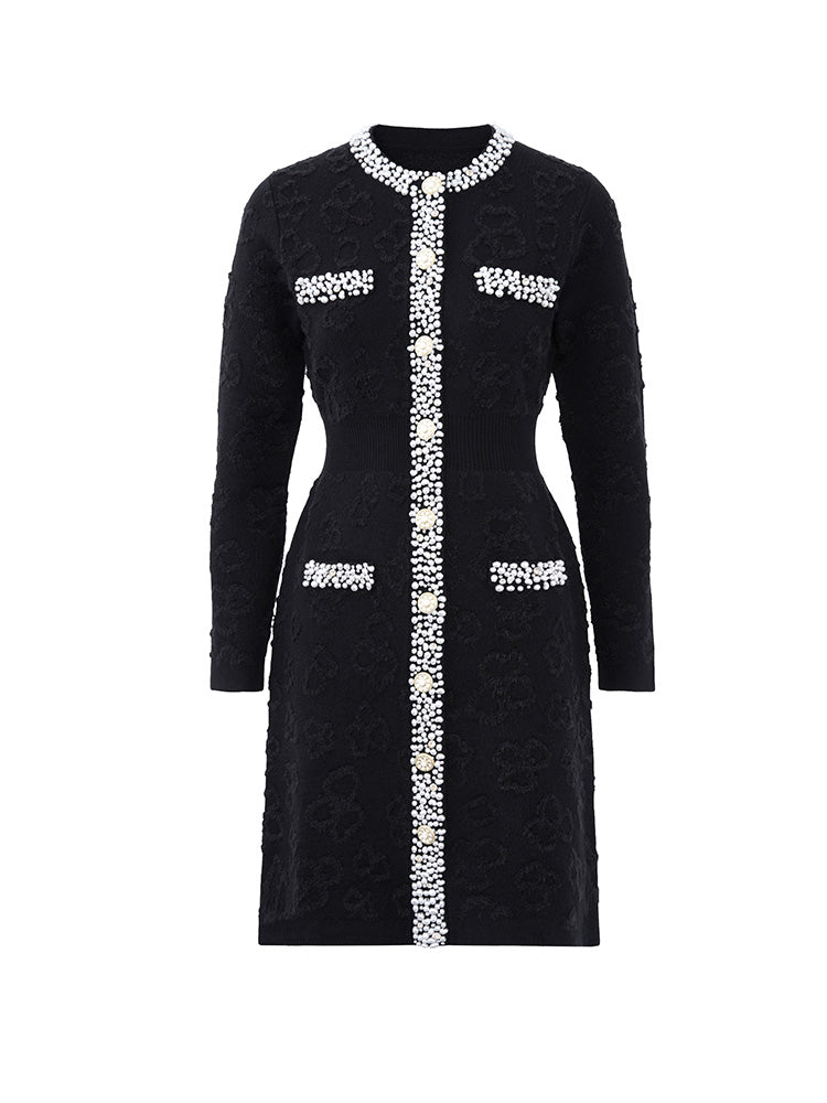 TCH Black Pearl Trim Knit Tweed Sheath Dress