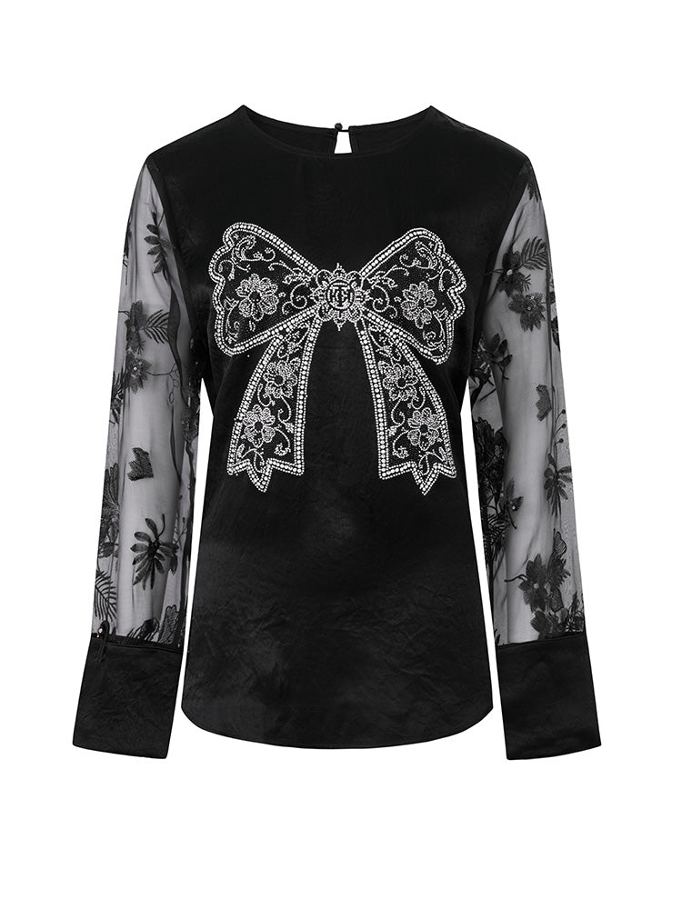 TCH Rhinestone Bow Floral Embroidery Mesh Top
