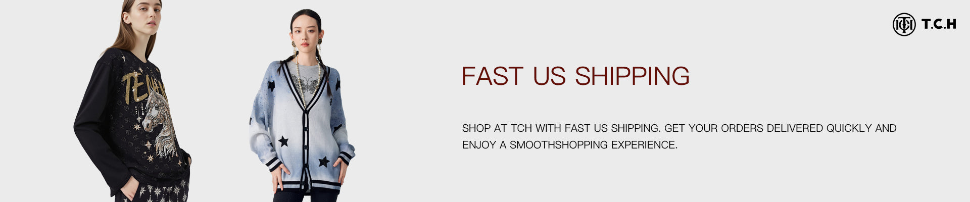 Two women wearing stylish outfits with text about fast US shipping from TCH. Fast US Shipping