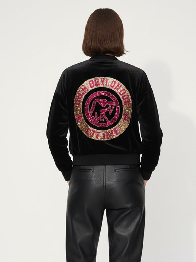 TCH Rhinestone Graphic Velvet Bomber Jacket