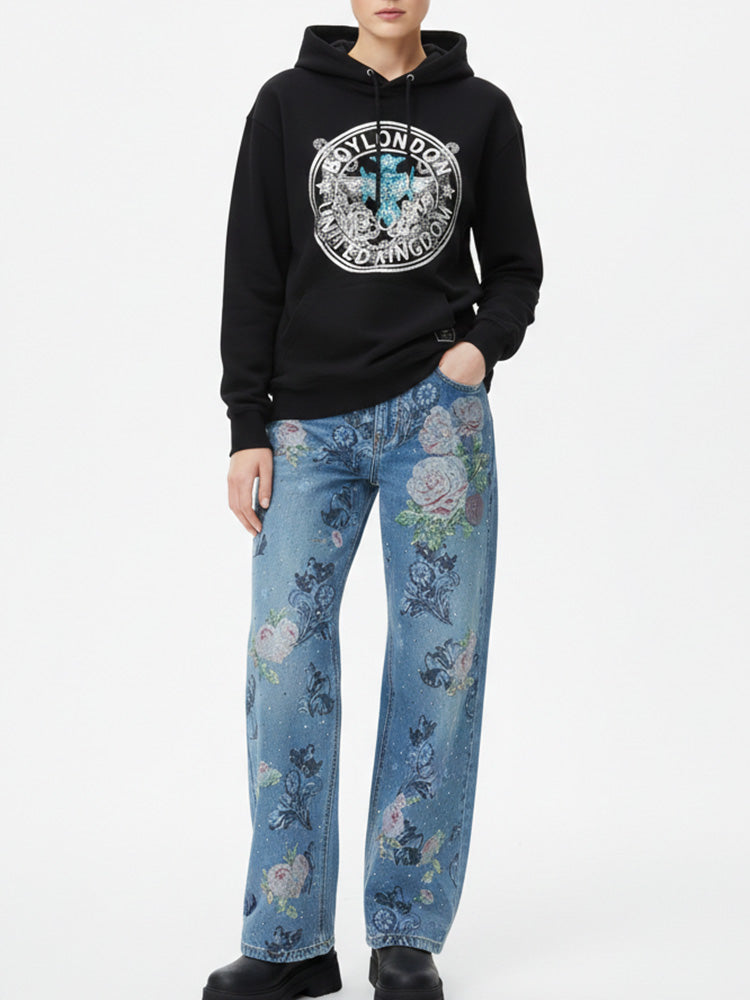 TCH Causal Rhinestone Eagle Black Hoodie