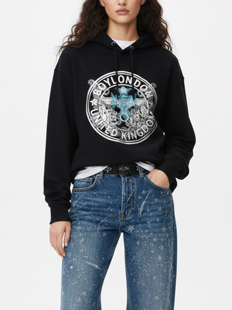 TCH Causal Rhinestone Eagle Black Hoodie