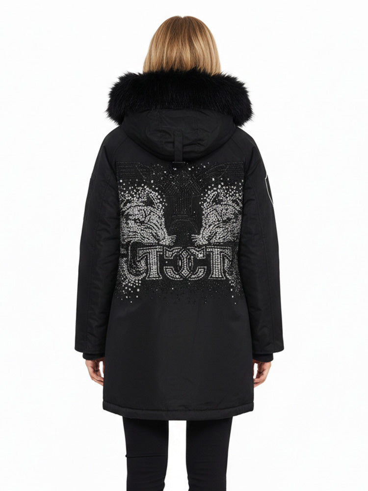 TCH Rhinestone Graphic Fur-Lined Puffer Jacket