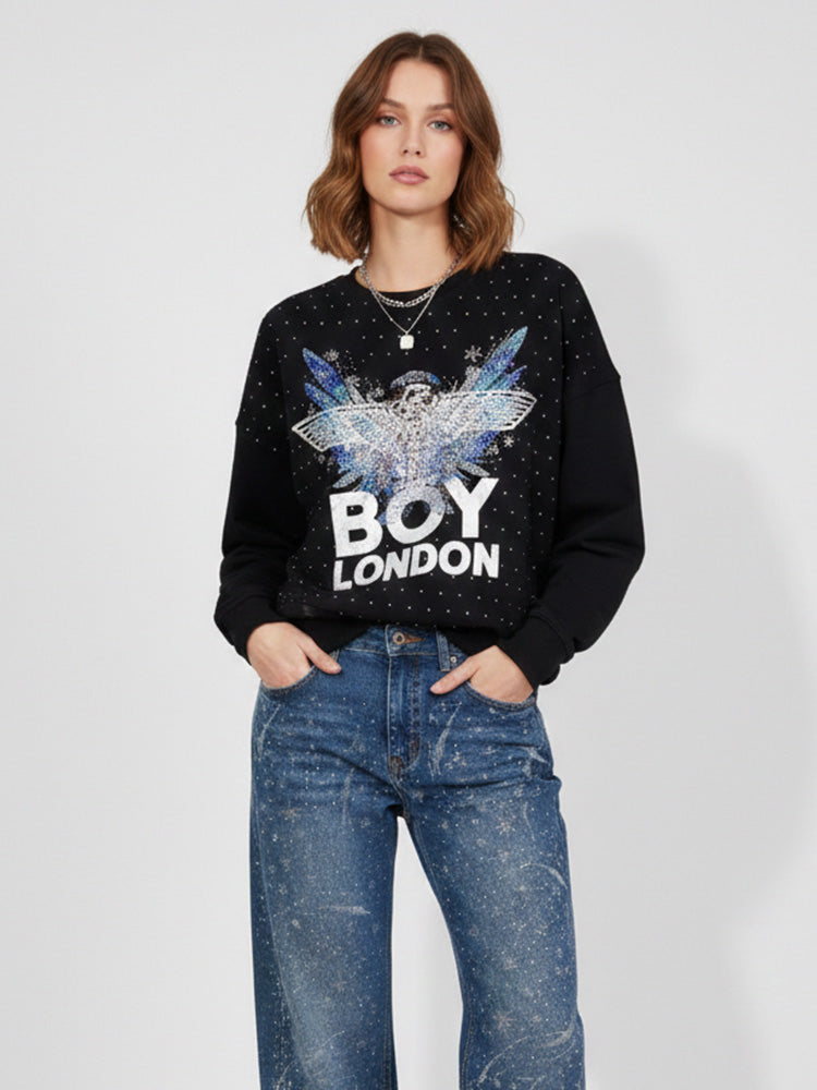 TCH Letter Print Rhinestone Cotton Sweatshirt