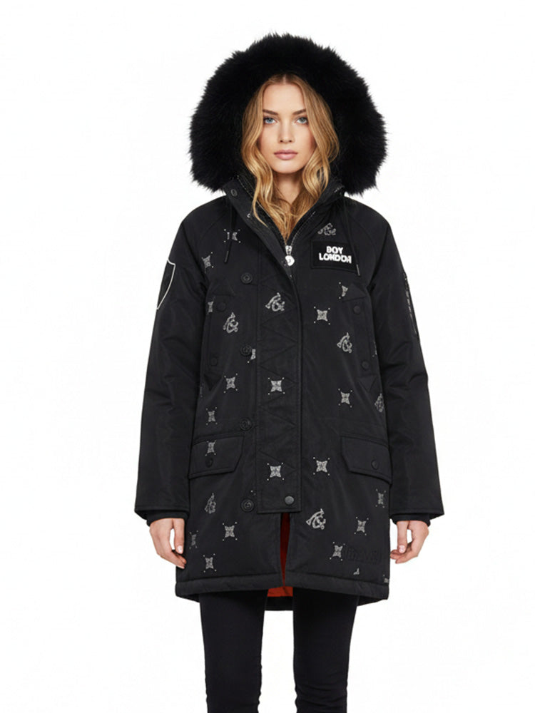 TCH Rhinestone Graphic Fur-Lined Puffer Jacket