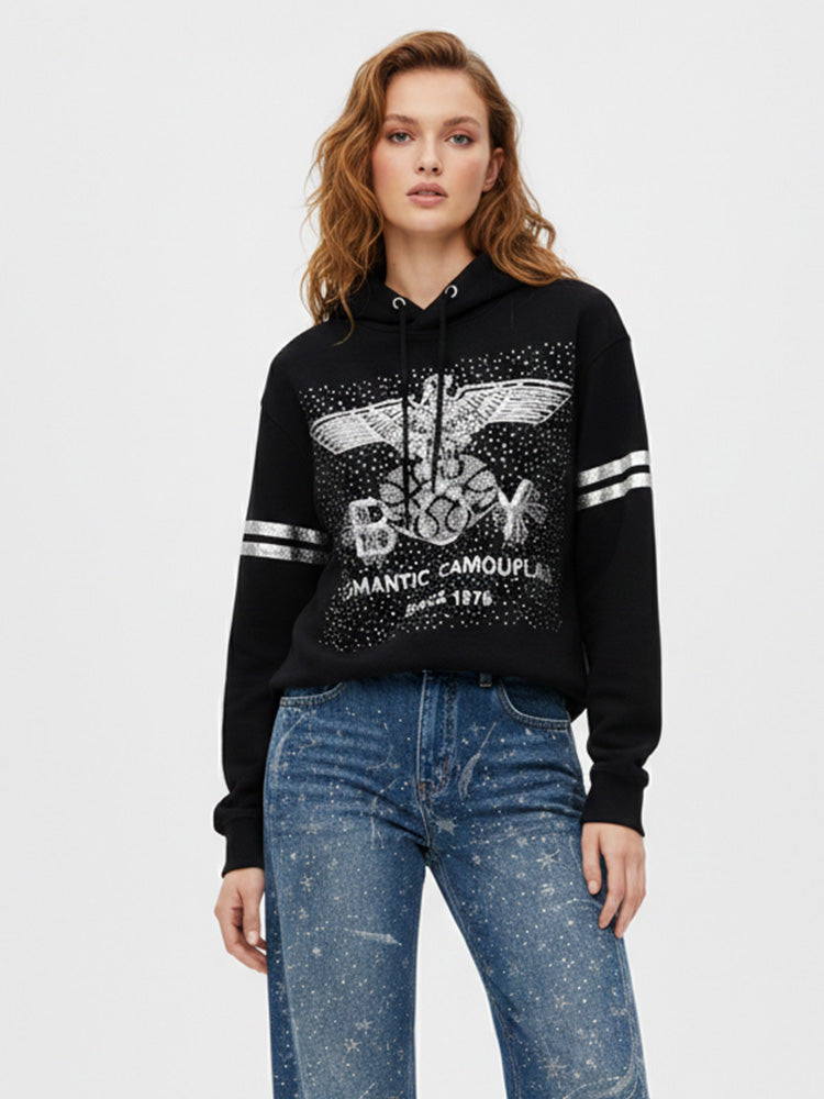 TCH Oversized Rhinestone Eagle Black Hoodie