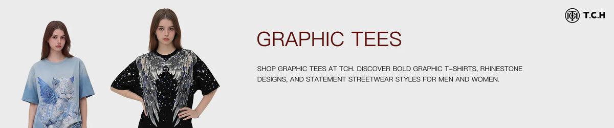 Promotional banner for graphic tees featuring two female models wearing different graphic t-shirt styles on a light gray background with the text 'GRAPHIC TEES' and a small 'TCH' logo.