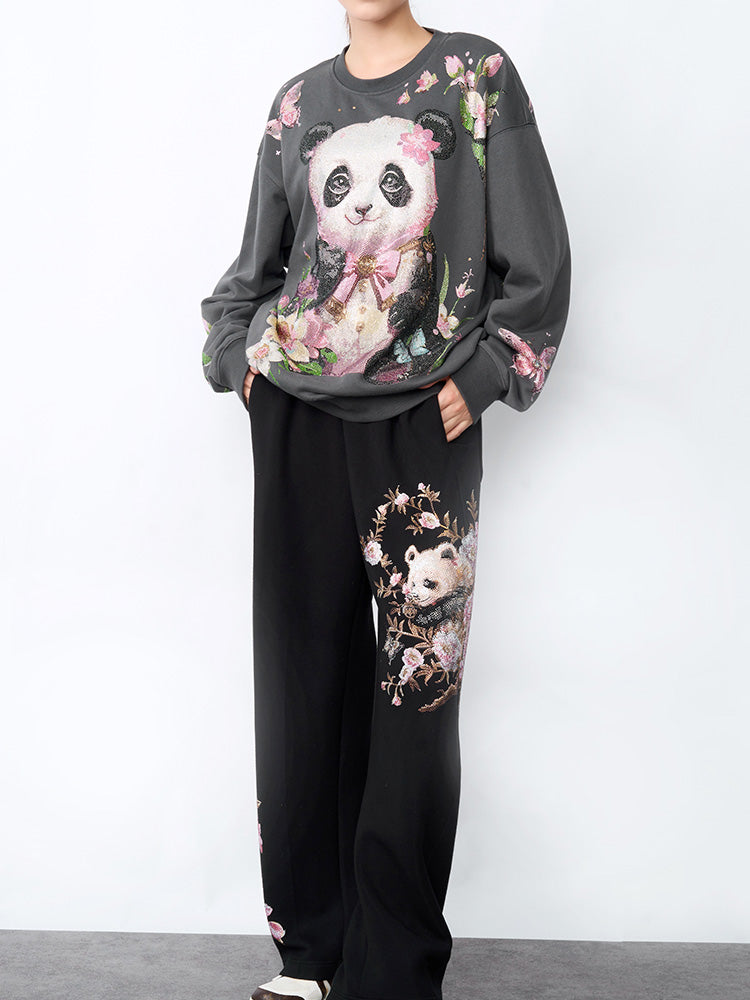 TCH Rhinestone Panda&Flower Print Sweatshirt