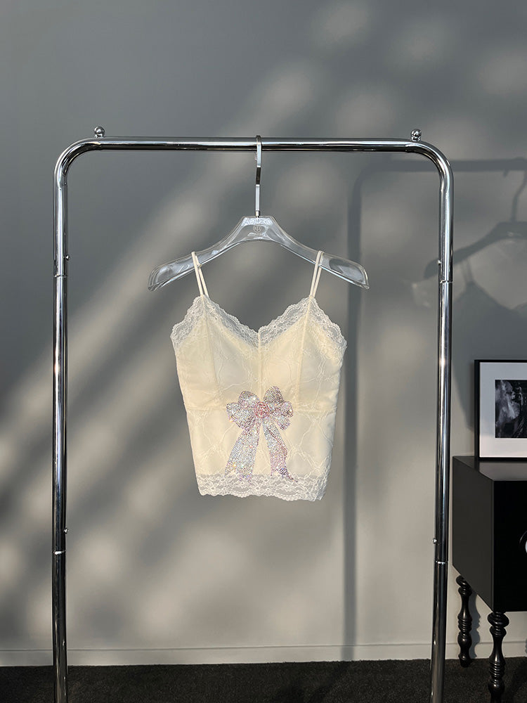 TCH Rhinestone Bow Floral Lace Padded Bandeau Cami