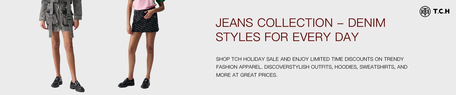 Two people wearing denim shorts with a promotional banner for jeans collection and sale. Jeans Collection – Denim Styles for Every Day