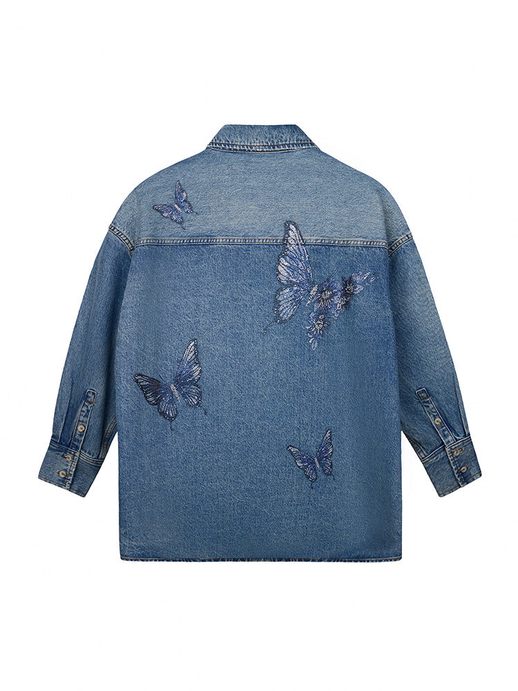 TCH Butterfly Rhinestone Denim Blouse Shirt