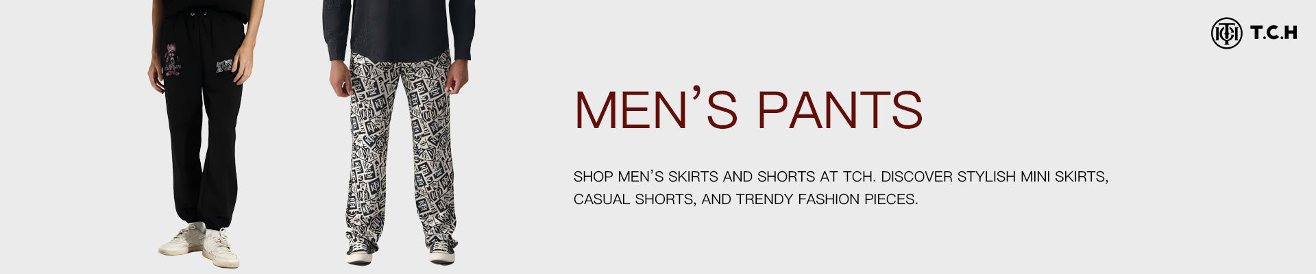 Two people wearing men's pants with a promotional banner for TCH Men's Pants.