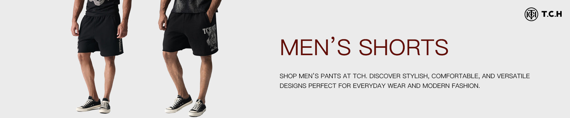 Two people wearing black shorts with a promotional banner for men's shorts featuring TCH branding.