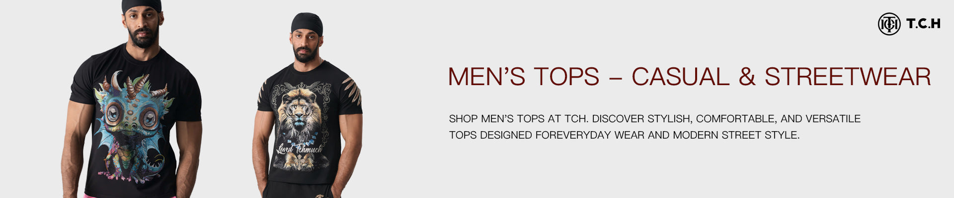 Two men wearing black t-shirts with graphic designs on a white background, featuring TCH branding. Men’s Tops – Casual & Streetwear
